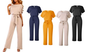 Women's Short Sleeve Belted Jumpsuit