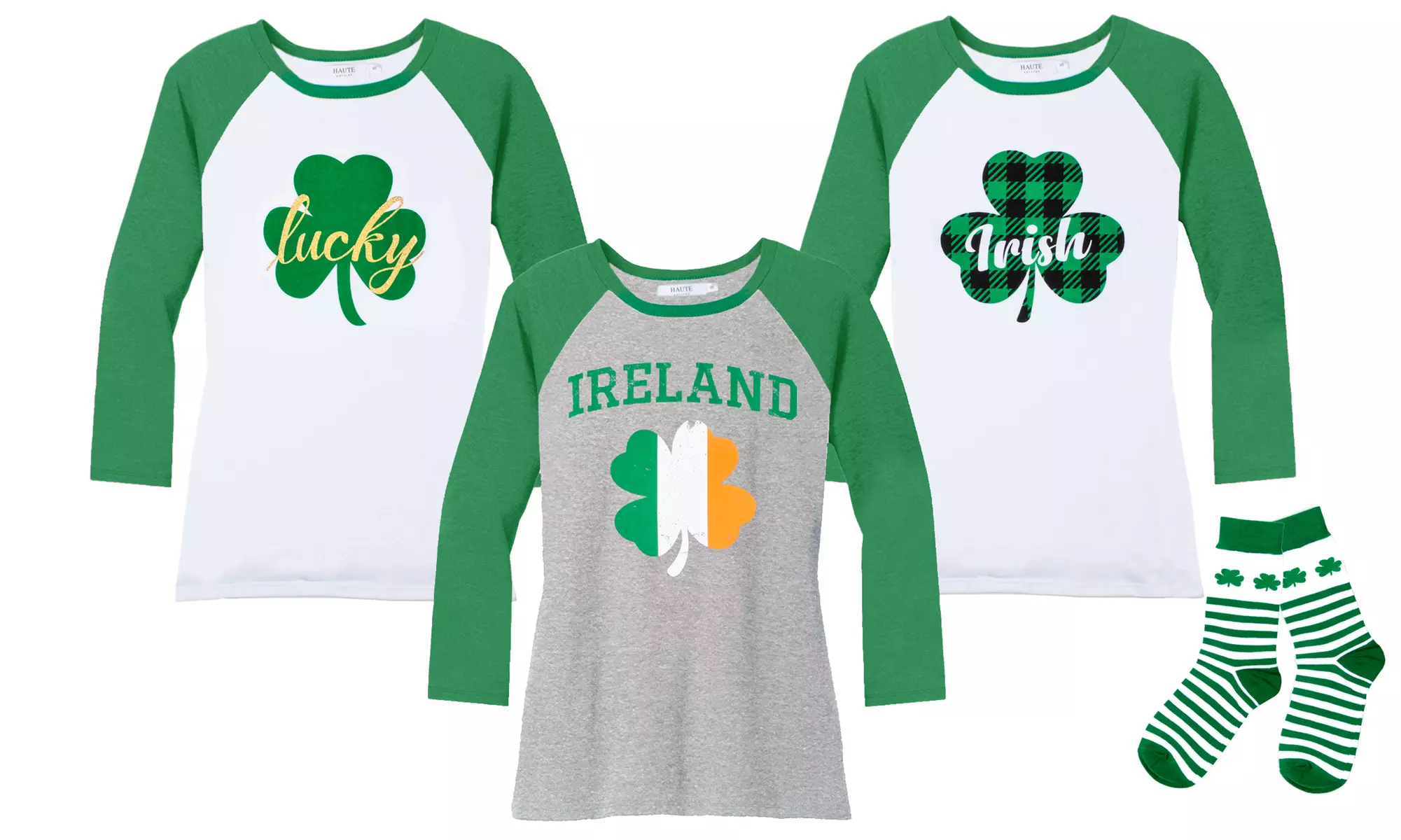 Haute Edition Women's St. Patrick's Day Raglan Tops with Free Socks. Plus Sizes Available. - Primary Image