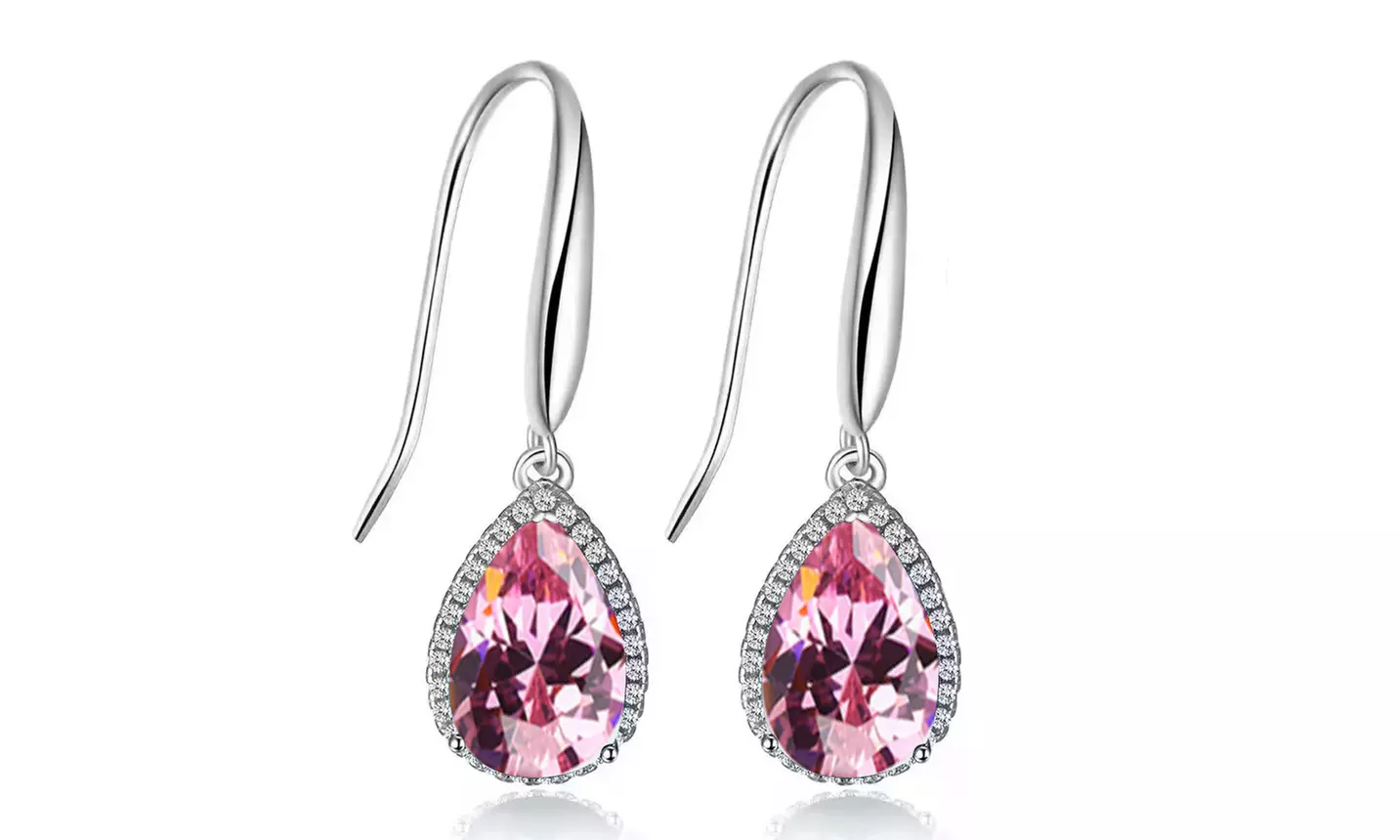 Paris Jewlry 14k White Gold Plated Created Pink Sapphire Teardrop Earrings