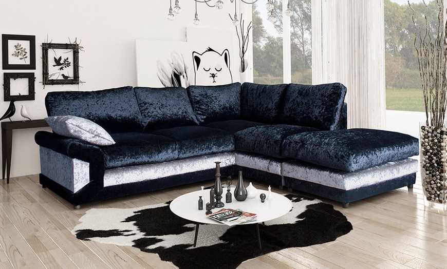 Image 3: Velvet Corner Sofa with Footstool