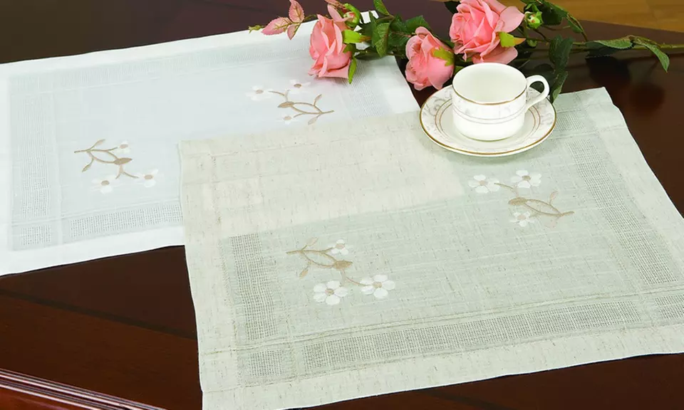 Beige Floral Embroidered Table Linen Set with Placemats, Runner, and Tablecloth - Second Medium