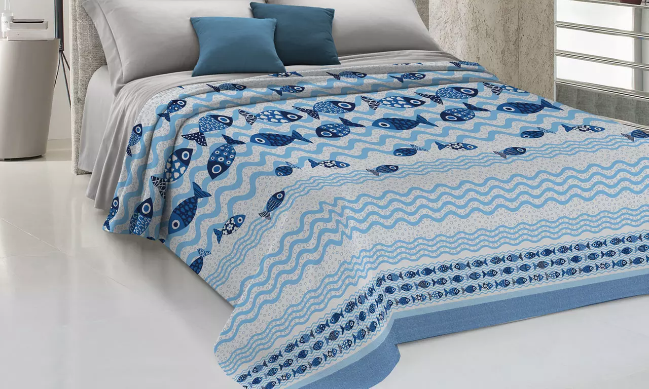Copriletto fantasia mare 100% cotone Made in Italy, disponibile in vari modelli, colori e misure - Primary Image