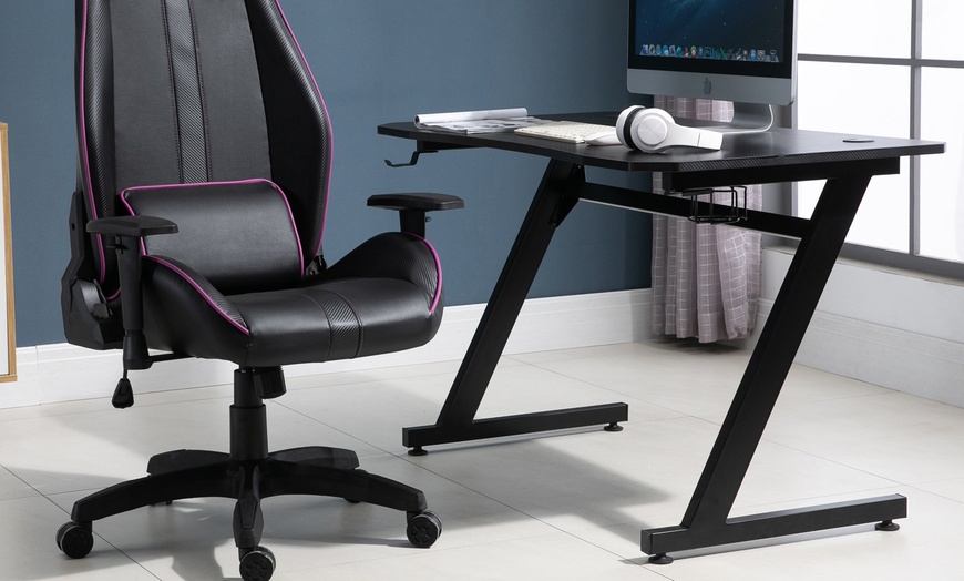 Image 3: HomCom Gaming Desk Steel Frame with Cup Holder
