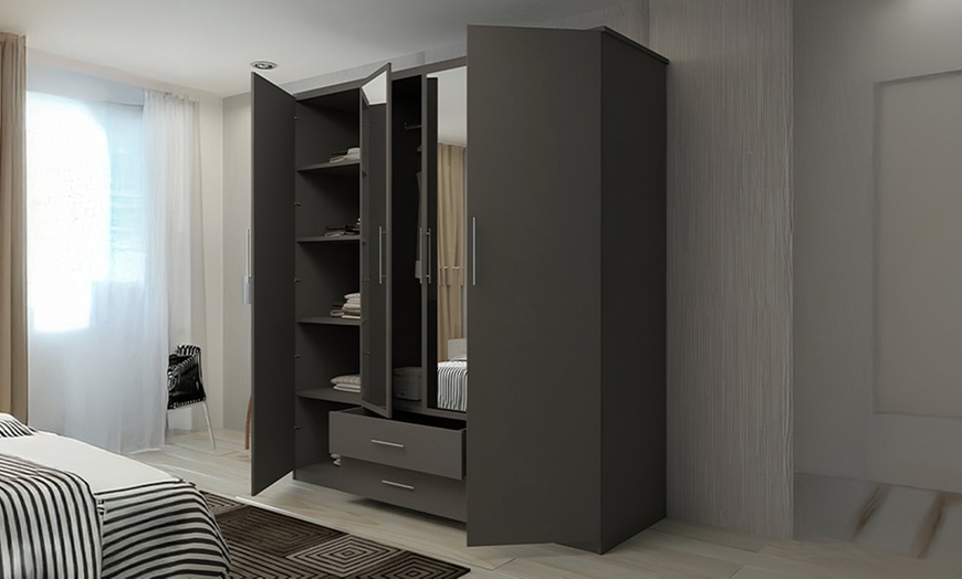 Image 6: Lucca Modern 4 Door Hinged Wardrobe with Mirror and Drawers
