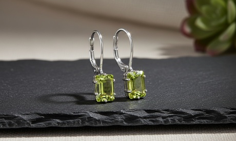 Emerald Cut Peridot Leverback Drop Earrings Brass August Peridot 2 1/2 ct Created Peridot