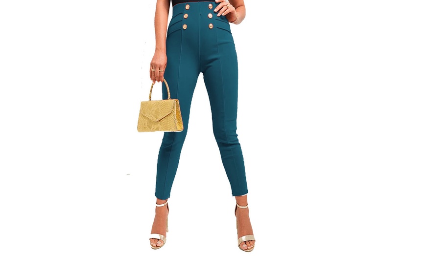 Image 15: Gold Button Waist Detail Stretch Fit Smart Trousers