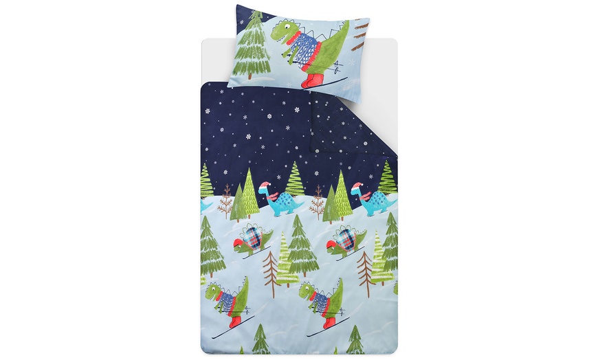 Image 14: Super Soft and Reversible Dino Skiing Printed Duvet Set