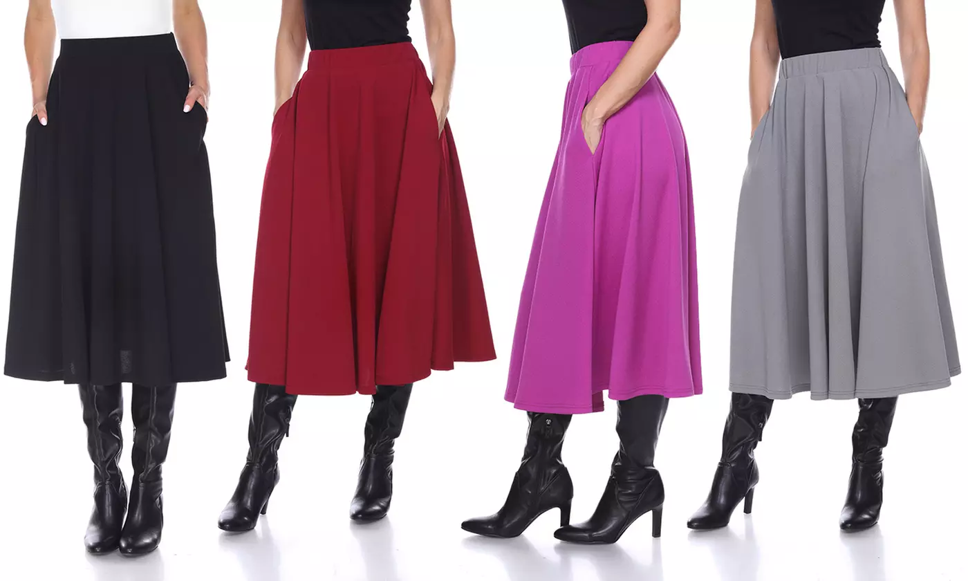 White Mark Flared Midi Skirt with Pockets - Primary Image