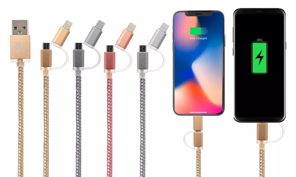 1 ou 2 câbles de chargement tressés 2 en 1 de 1, 2 ou 3 m compatible iPhone+ et smartphones Android, livraison offerte - Primary Image