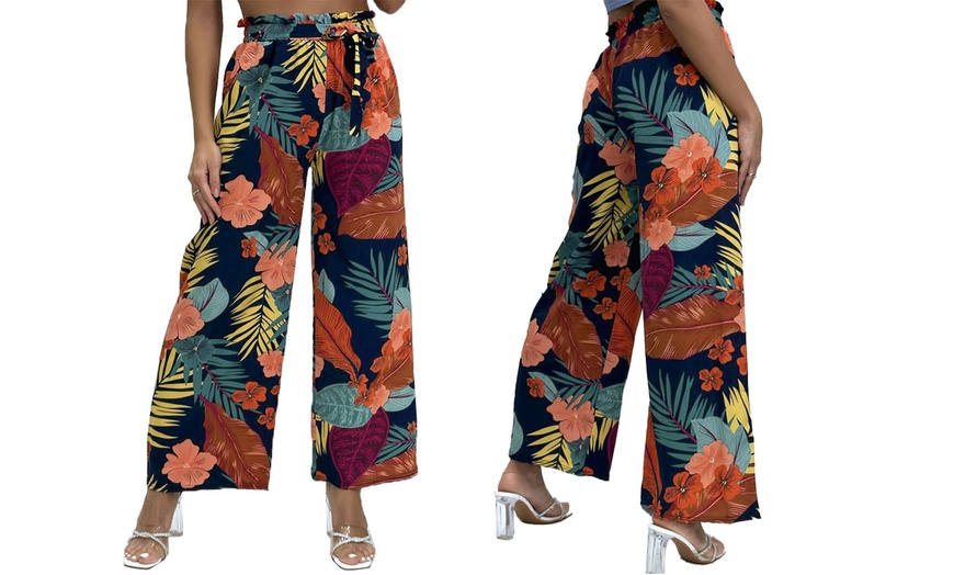 Image 8: Wide-Leg Tie-Waist Multicoloured Floral Palazzo Pants