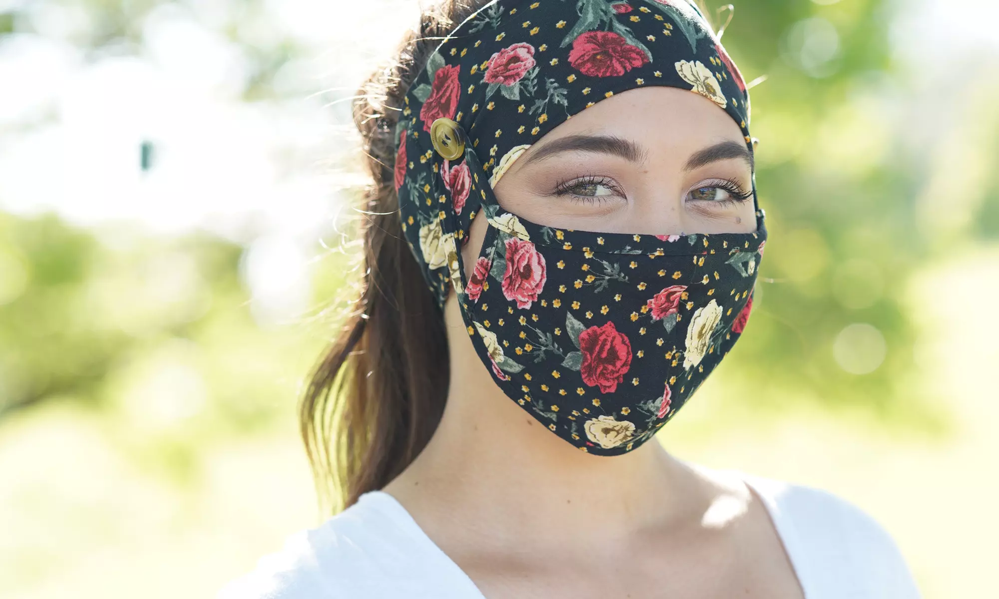 Non-Medical Fabric Mask and Headband with Button Attachment (Made in USA) - Primary Image