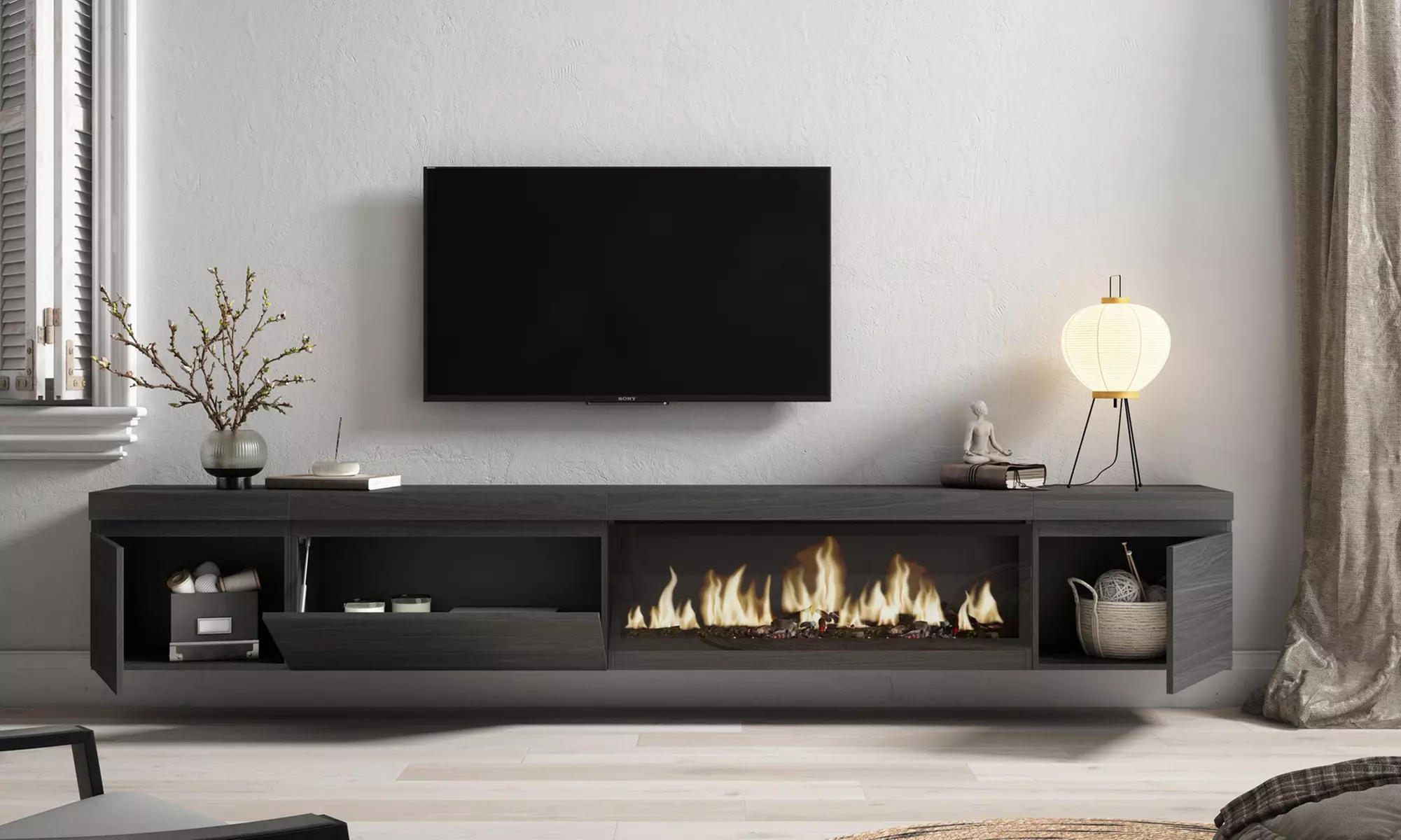 Hängender TV-Schrank 320 cm od. TV-Schrank 288 cm + elektrischer Kamin