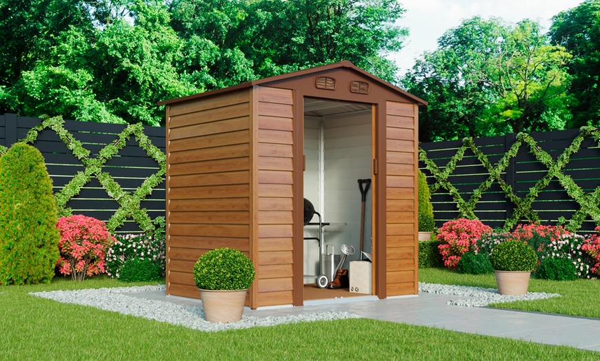 Image 1: Wood-Effect Apex Metal Shed