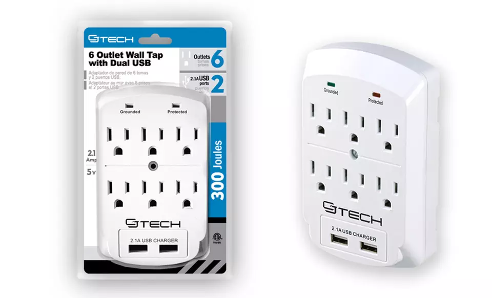 CJ Tech 3- or 6-Outlet Dual-USB Wall Taps with Phone Holder Options - Second Medium