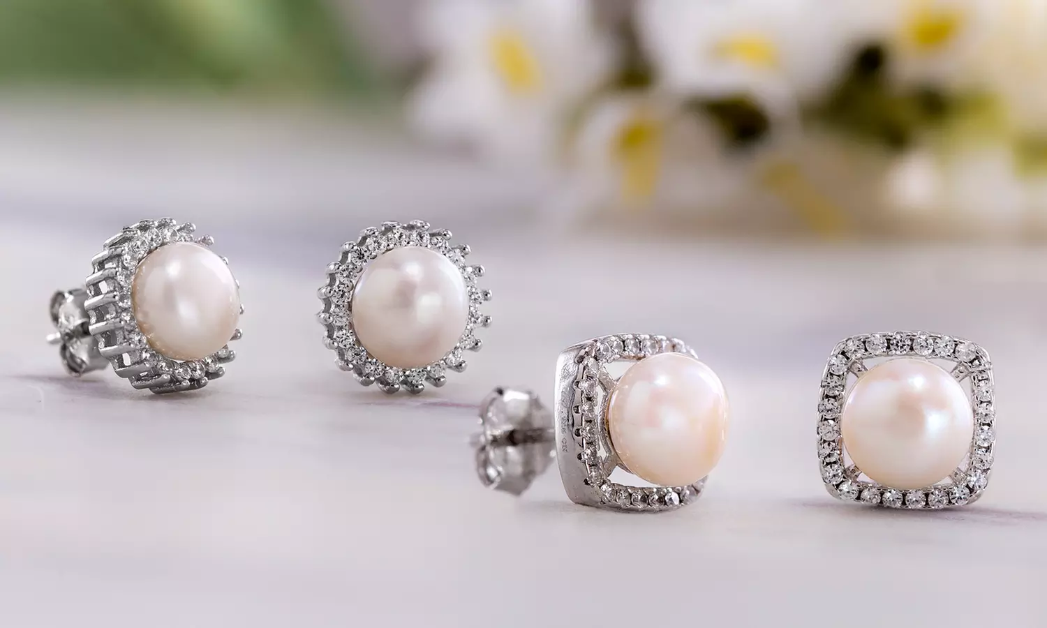 Clearance: Nina & Grace Freshwater Pearl & CZ Halo Stud Earrings in Sterling Silver - Primary Image