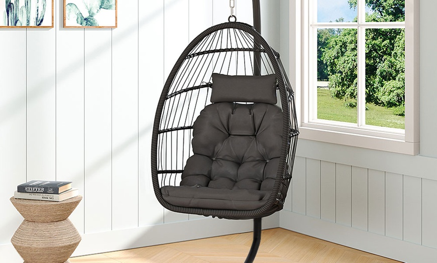 Image 50: Black Outdoor Hanging Egg Chair with Cushion