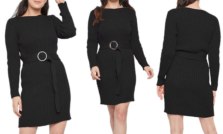 Image 2: Rib Knit Buckle Belt Jumper Dress