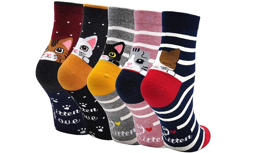 Image 1: 1 oder 5 Paare Damen-Socken mit Katzen-Motiven