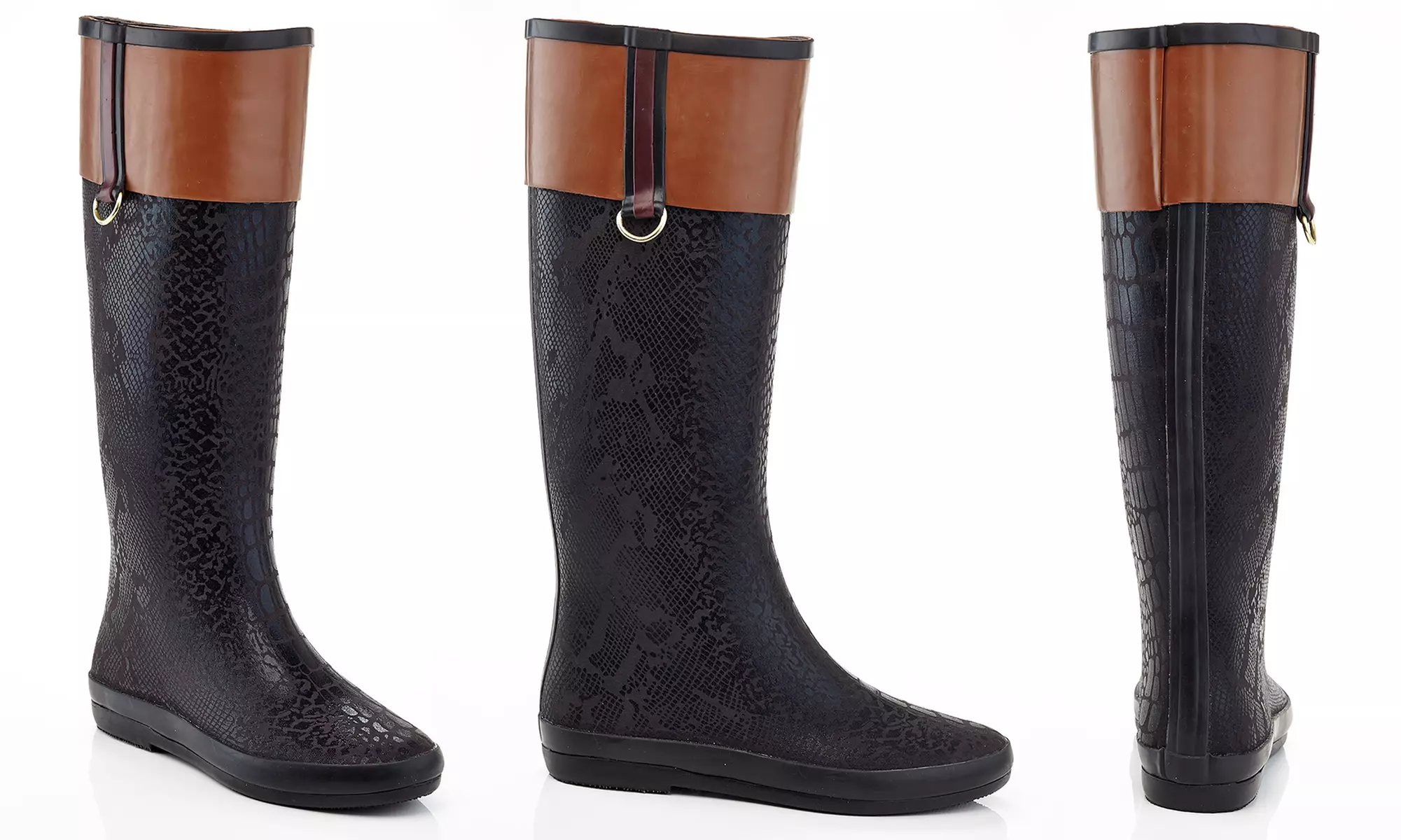 Women's Knee-High Pull-On Croco-Embossed Two-Tone Riding Rain Boots - Second Medium