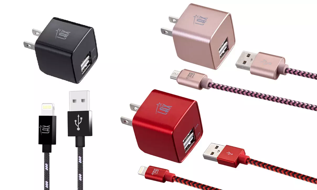 LAX Dual USB Fast Wall Charger with 6Ft. Apple-Certified, USB-C, or Micro-USB Braided Cable - Primary Image