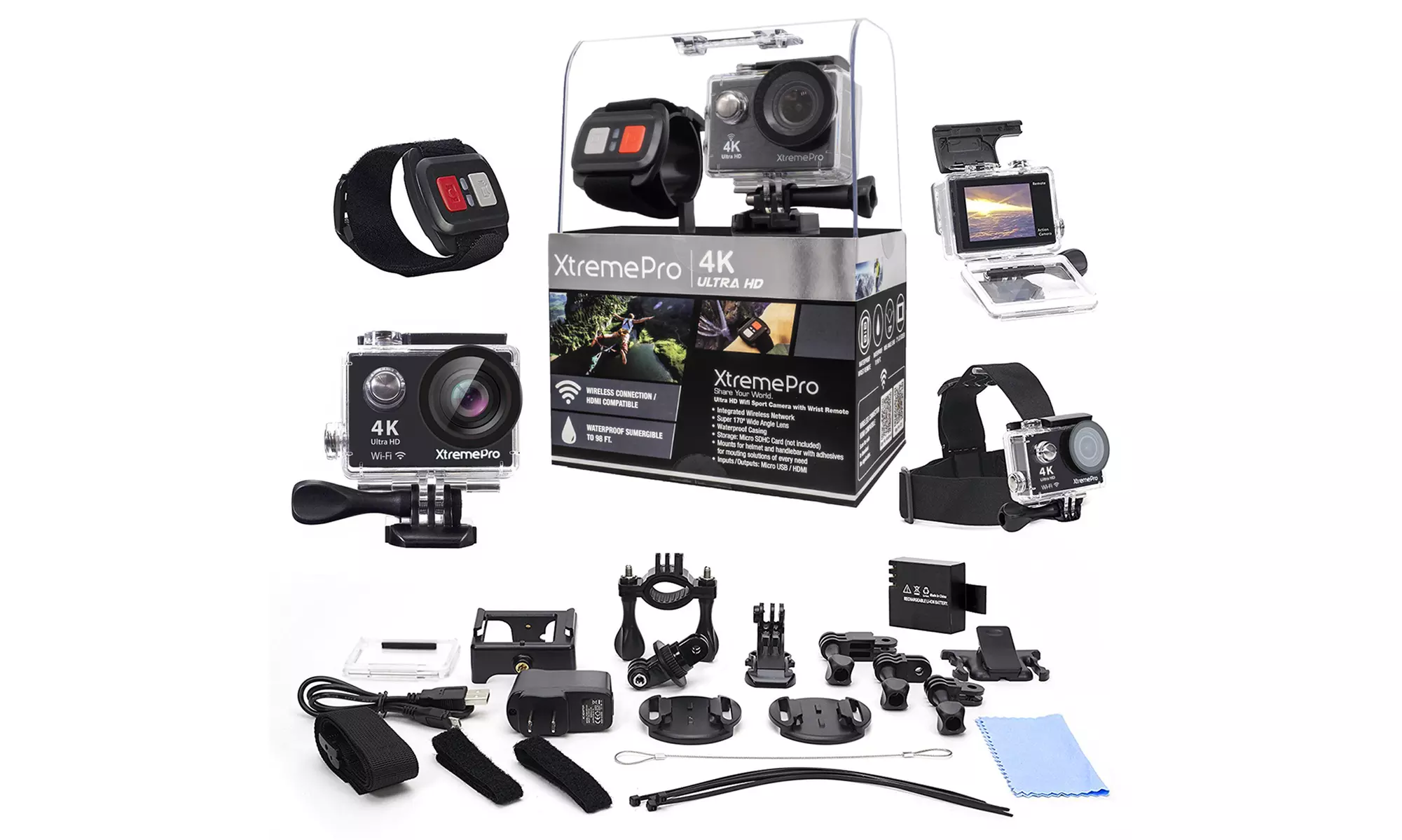XtremePro 4K WiFi Ultra HD Sport Camera with Wireless Wrist Remote and 20 Accessories - Primary Image