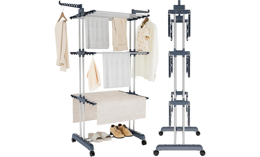 Image 1: 4 Tier Foldable Clothes Airer with Wheels - Maximise Drying Space