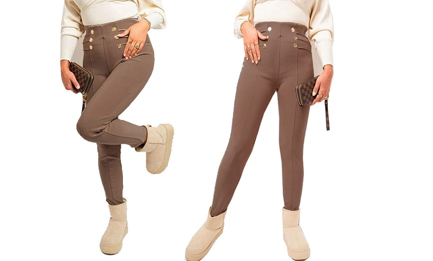 Image 16: Gold Button Waist Detail Stretch Fit Smart Trousers