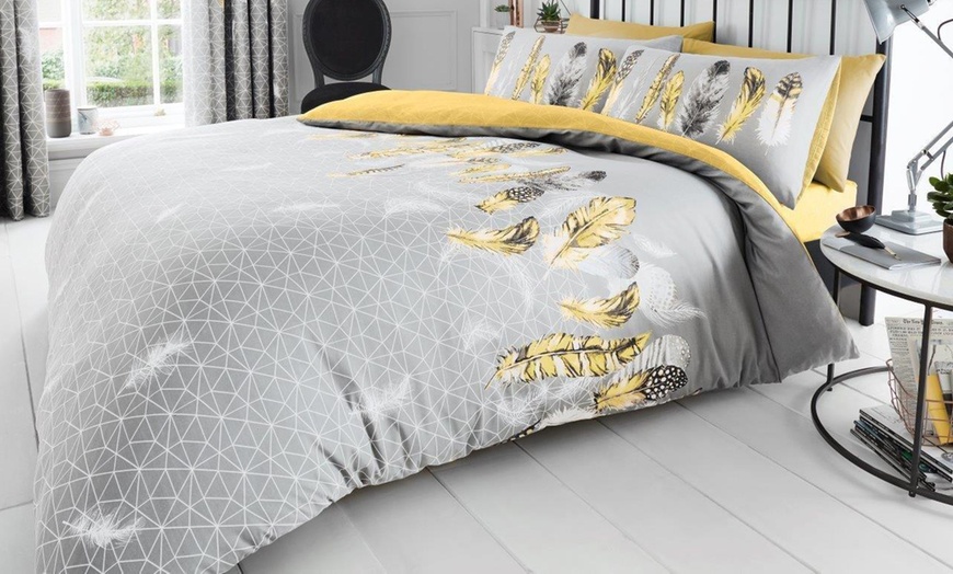 Image 10: Feathers Printed Polycotton Duvet and Pillowcase Set