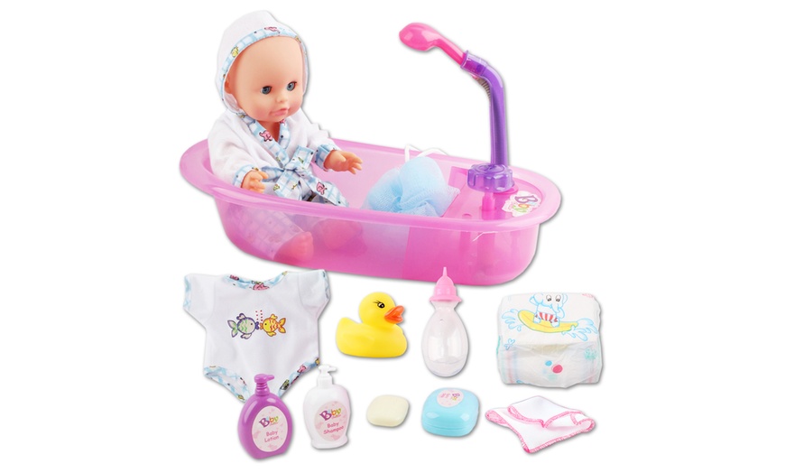 Image 1: 13'' Bath Time Baby Play Set with Working Shower Spray and Accessories