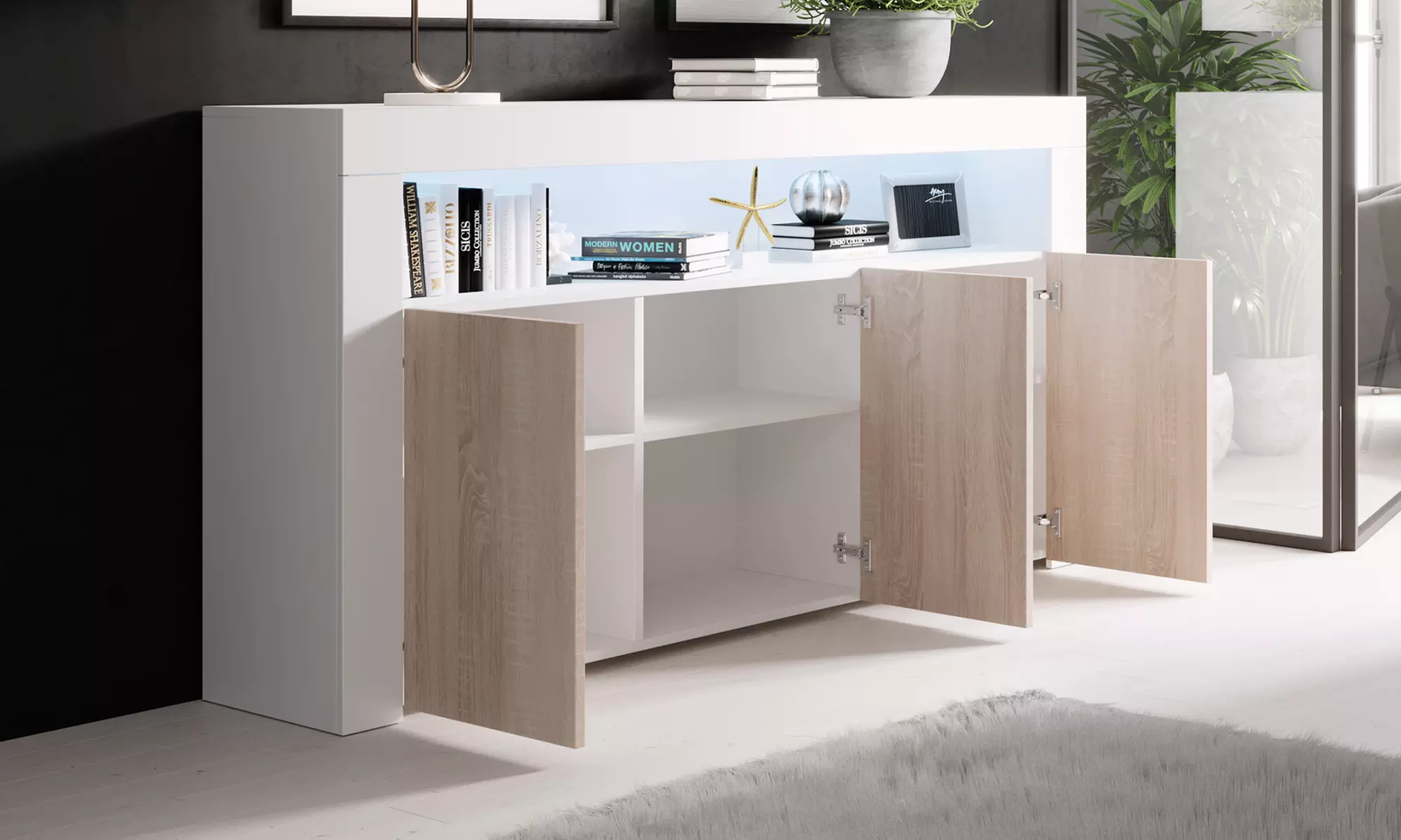 Aparador modelo Aker con acabado en brillo y luz led