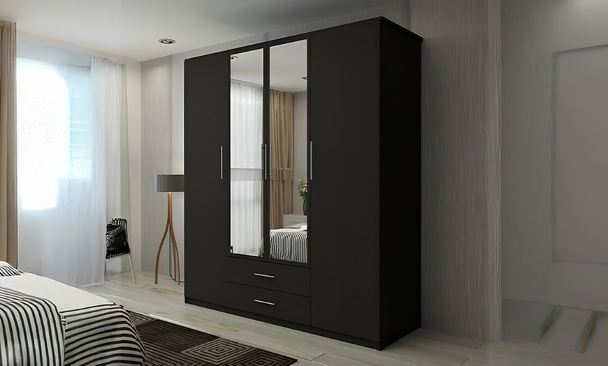 Image 7: Lucca Modern 4 Door Hinged Wardrobe with Mirror and Drawers
