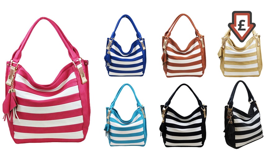 Image 1: Leather-Look Striped Hobo Handbag