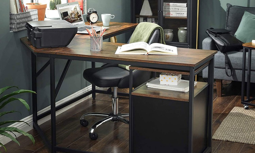 Image 1: L-Shaped Rustic Brown Wood Computer Desk