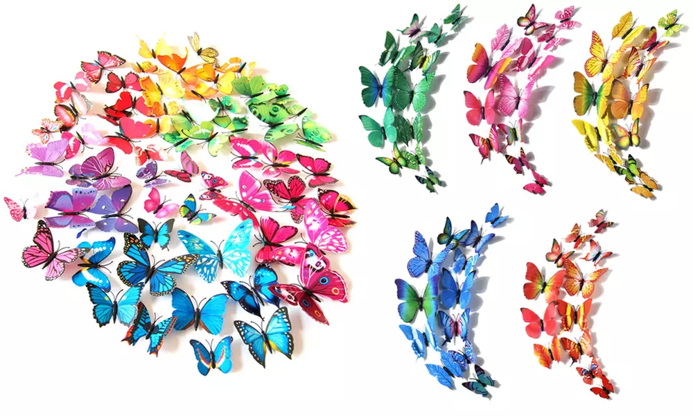 12 ou 60 papillons muraux 3D, coloris au choix - Primary Image