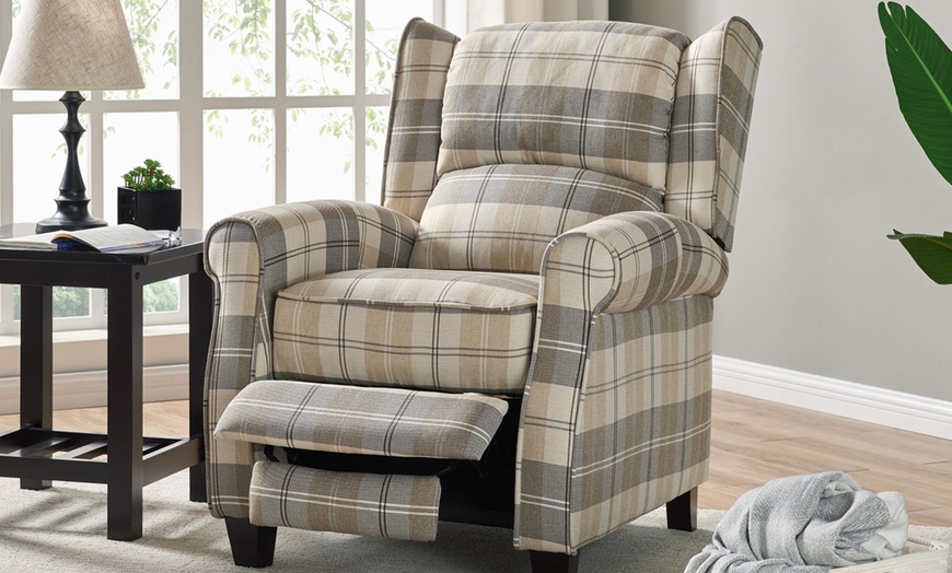 Image 1: Tartan Fabric Recliner Armchair