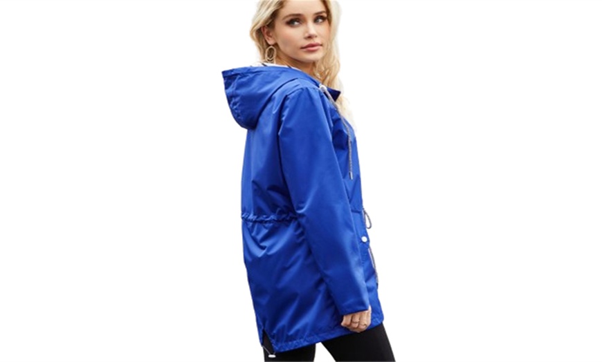 Image 17: Women's Hooded Drawstring Zipper Rain Coats