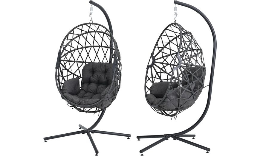 Image 3: Black Outdoor Hanging Egg Chair with Cushion