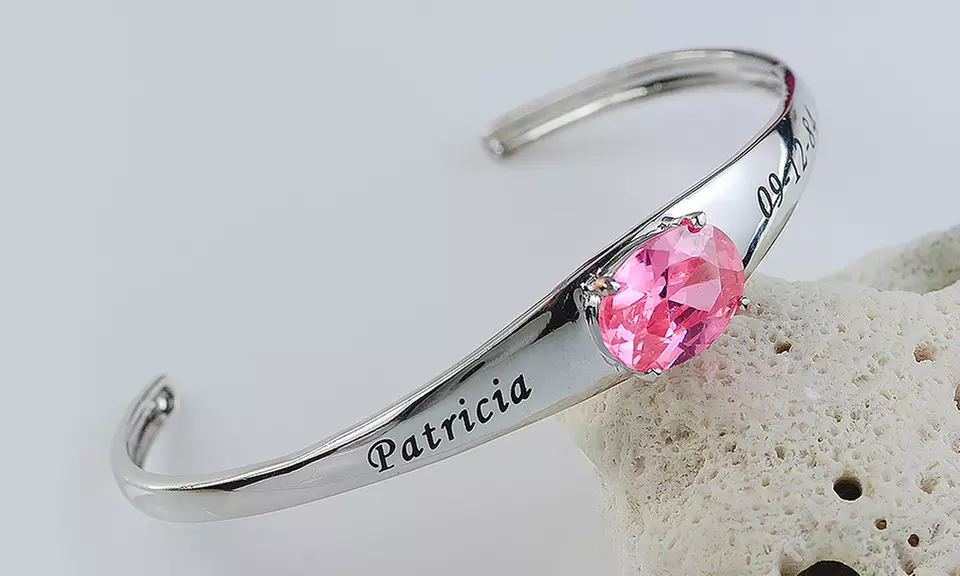 Personalized Heart or Oval Birthstone Bangle with Silver Plating (Up to 97% Off) - Primary Image