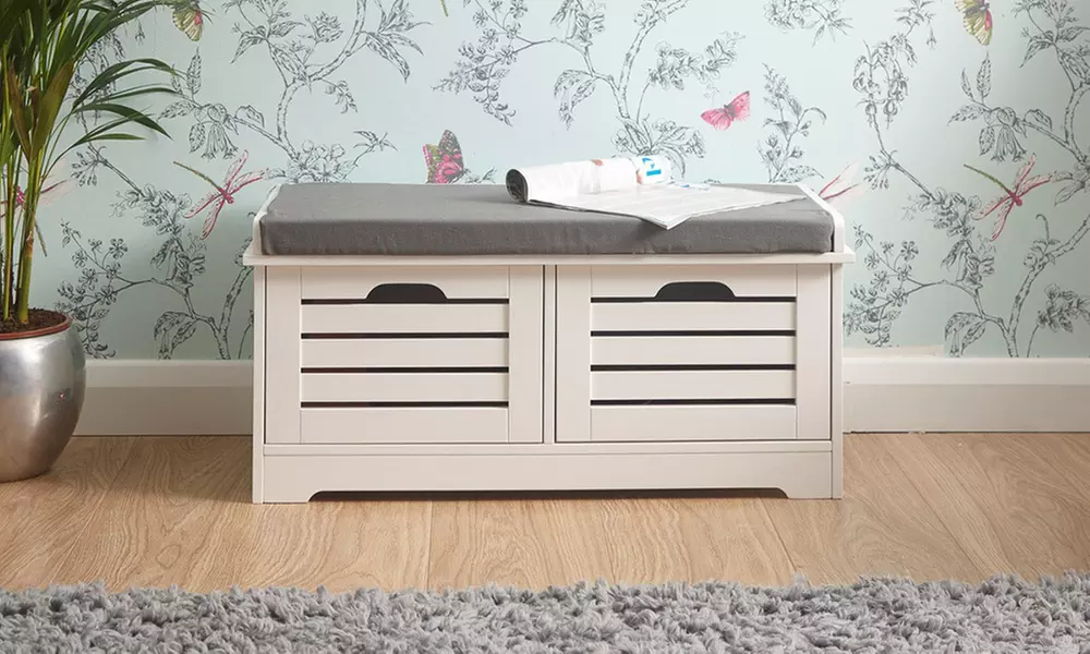 White or Grey Low Storage Unit with Cushion With Free Delivery - Primary Image