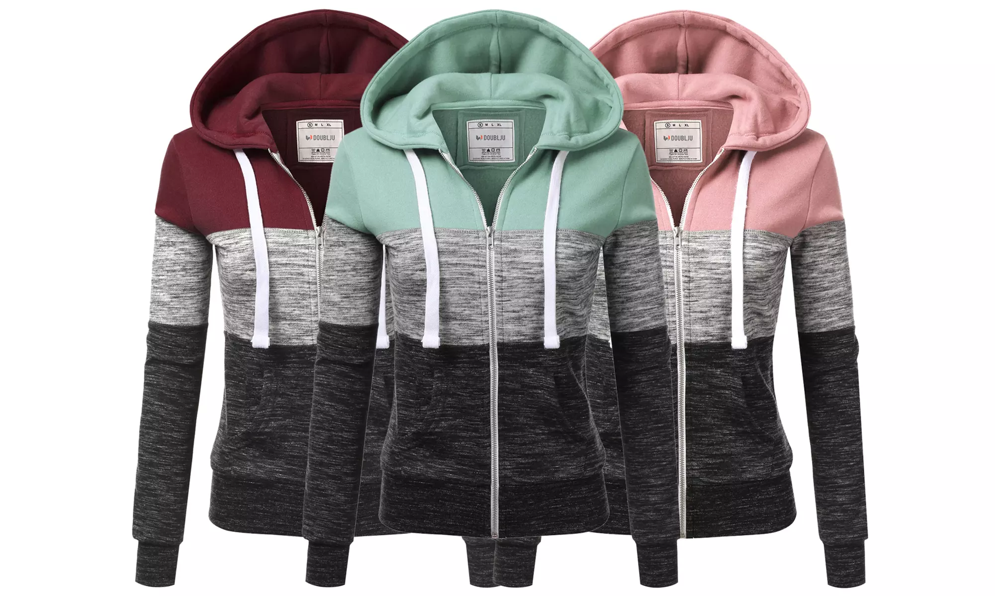 Doublju Junior's Color-Block Zip-Up Hoodie. Plus Sizes Available. - Primary Image