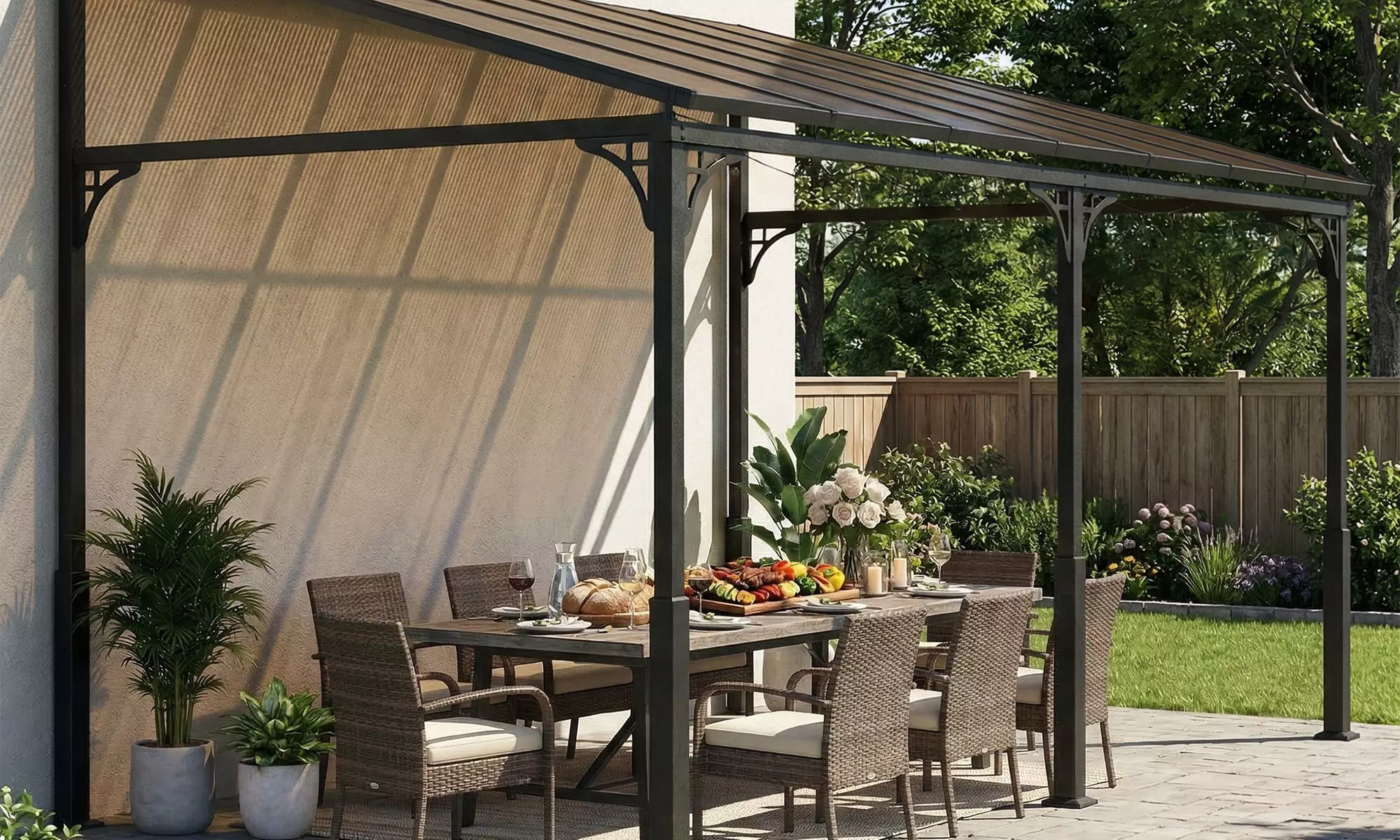 Outsunny Lean-To Pergola with Polycarbonate Roof and Galvanised Frame