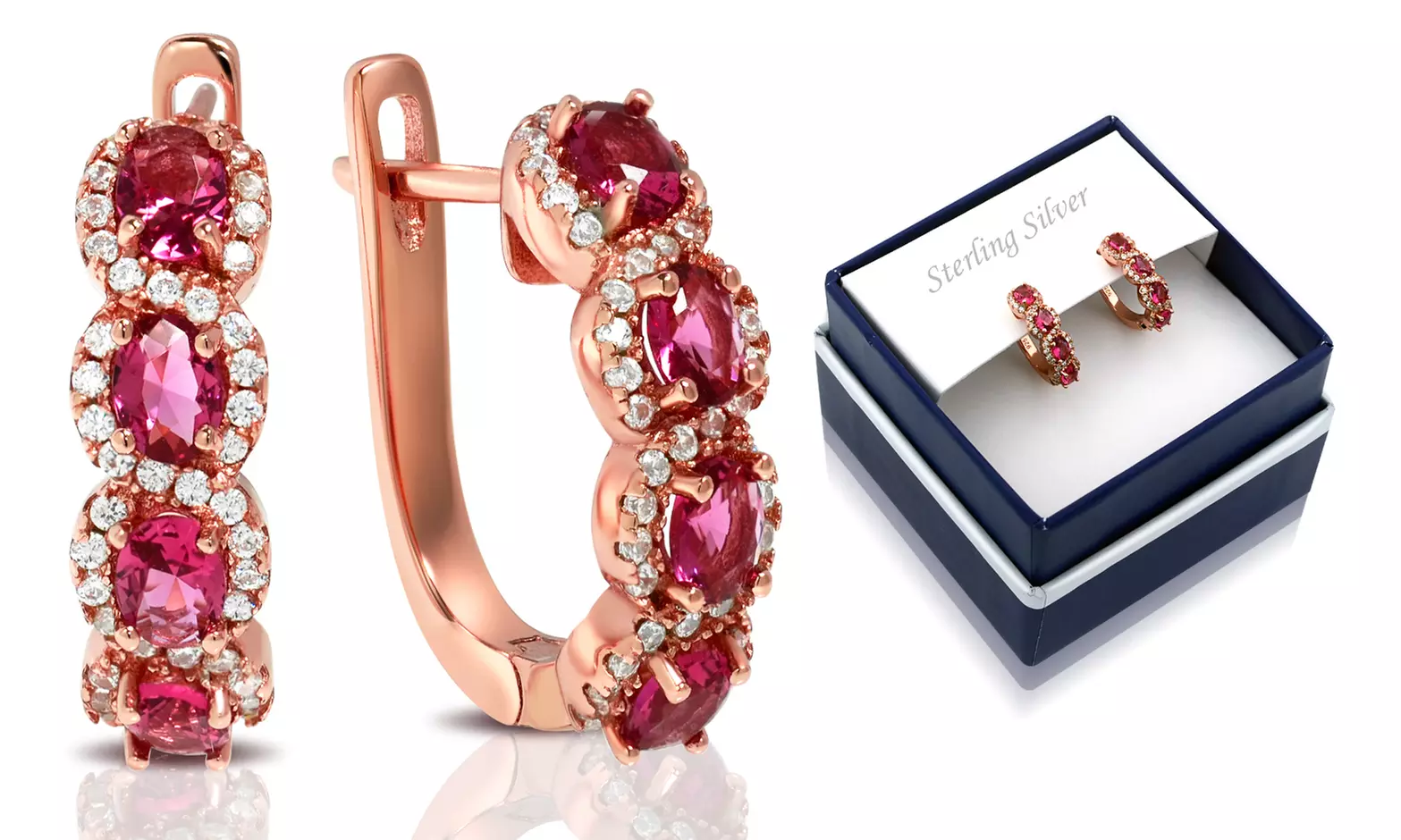 18K Rose Gold Over Sterling Silver Created Ruby Halo Hoop Earring By MUIBLU Gems - Primary Image