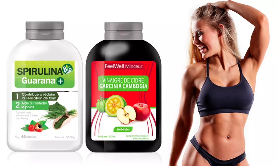 1, 2 ou 4 mois de cure duo Spiruline bio guarana et vinaigre de cidre Garcinia Cambogia - Primary Image