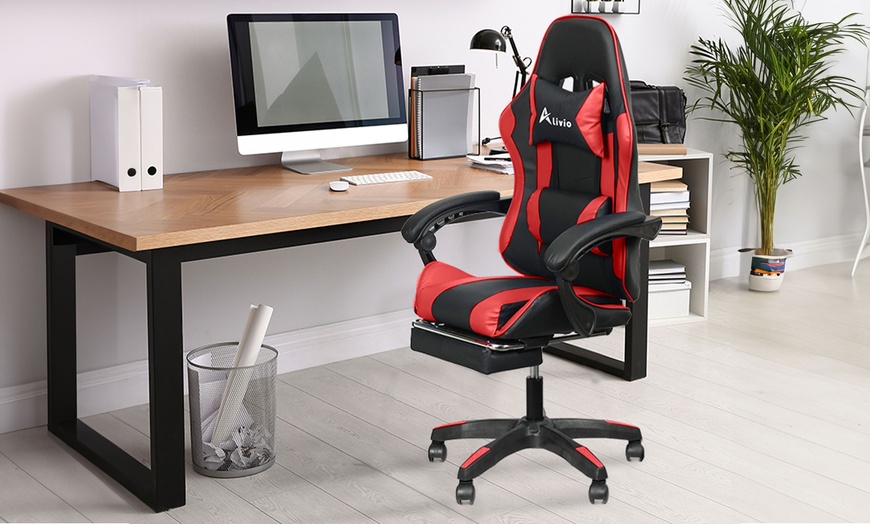 Image 5: Reclining Swivel Gaming Chair with Footrest and Massage