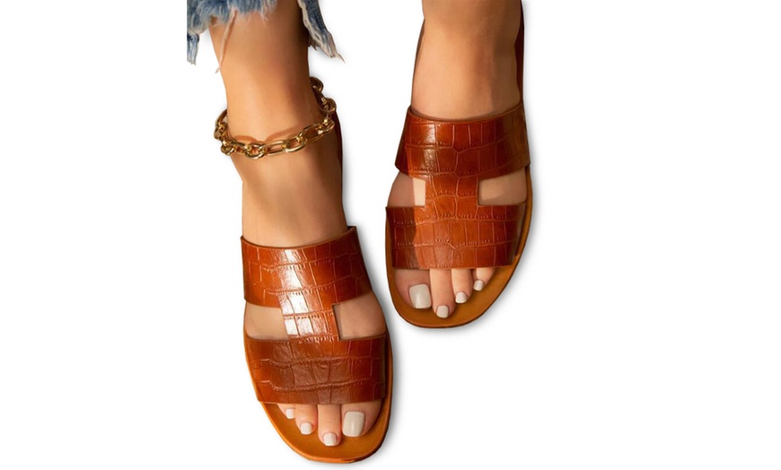 Image 3: Faux Leather Double Strap Slider Sandals