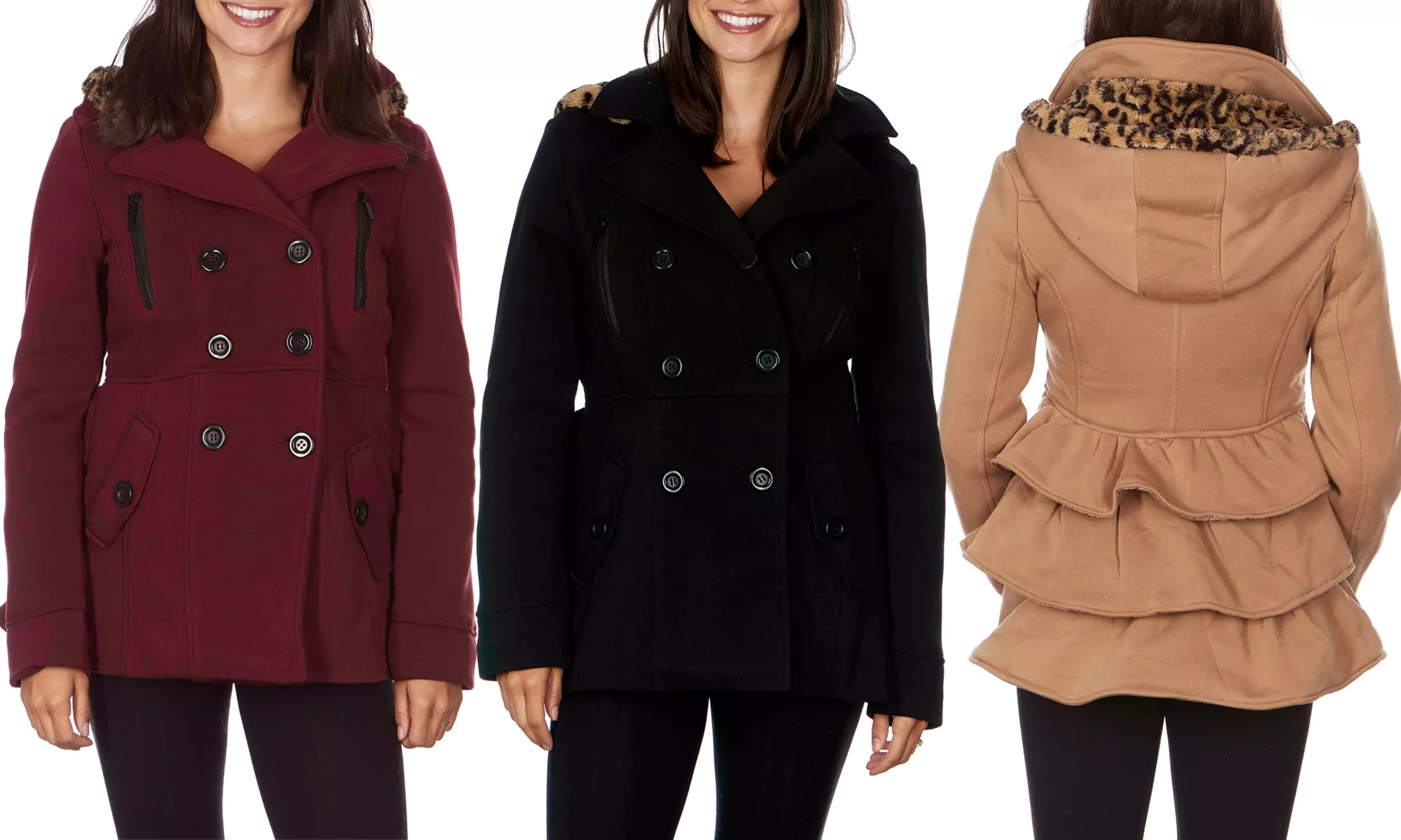 YOKI Women's Leopard Faux Fur Hooded Fleece Coat with Back Ruffles. Plus Sizes Available. - Primary Image