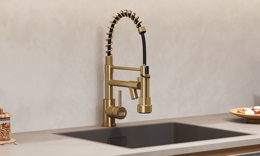 Image 1: Brushed Gold Stainless Steel Kitchen Faucet with Pull Down Spring 