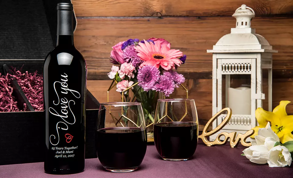 Custom Etched Bottle of Wine and Two Stemless Wine Glasses from EtchedWine.com (Up to 50% Off) - Primary Image