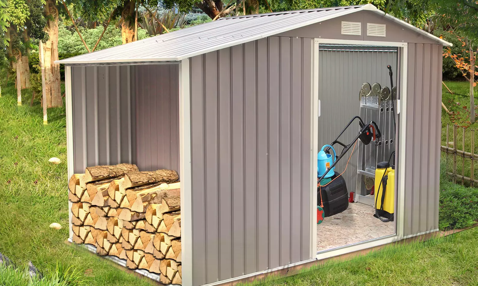 Abri de jardin "Woody" Côté Lounge en metal anti-corrosion gris avec abri bûches, taille au choix, livraison offerte - Primary Image