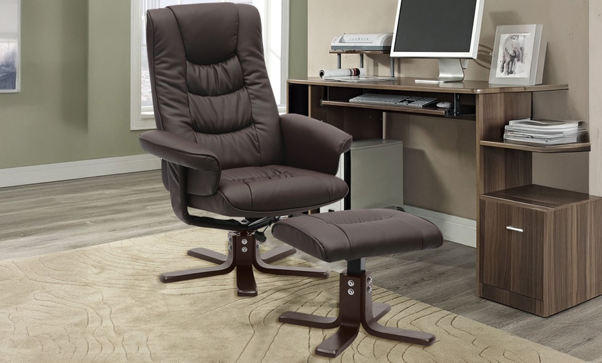 Image 1: PU Leather Swivel Office Armchair with Footstool